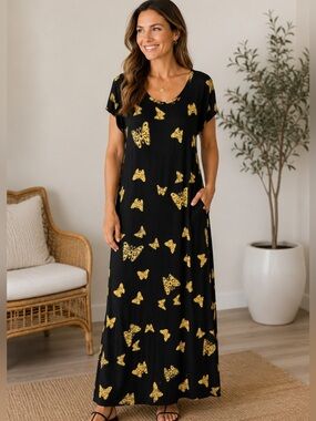 Pineapple Moon Black Maxi Dress with Yellow Butterfly Print Size 1X